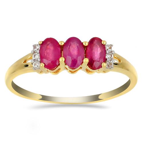 14K GOLD NATURAL GLASS FILLED RUBY GEMSTONE THREE STONES RING